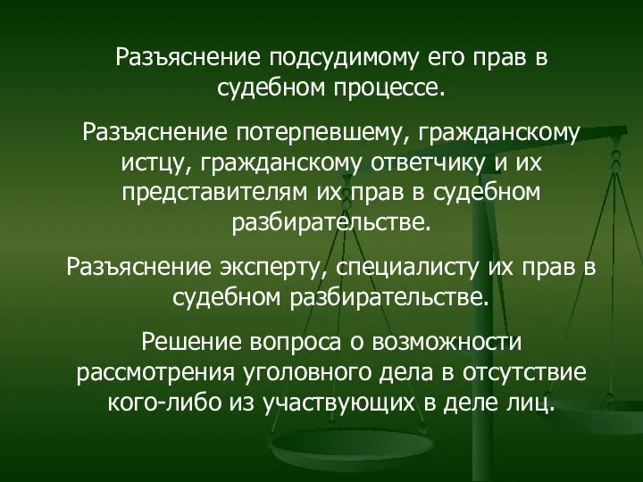 Разъяснение подсудимому его прав в судебном процессе. Разъяснение потерпевшему, гражданскому истцу,