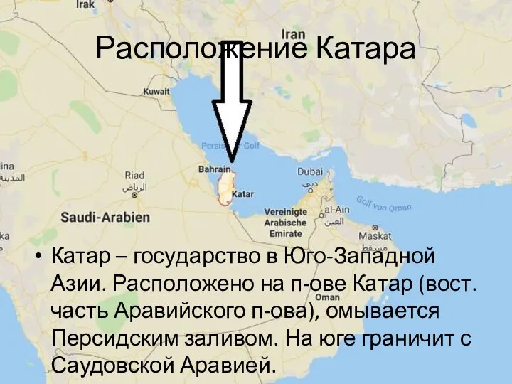 Расположение Катара Катар – го­су­дар­ст­во в Юго-Западной Азии. Рас­по­ло­же­но на п-ове