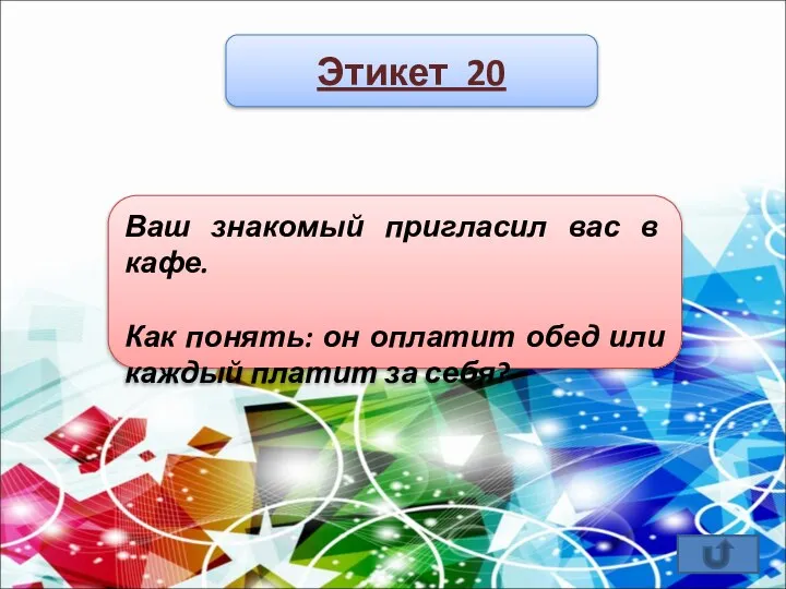 Этикет 20 Ваш знакомый пригласил вас в кафе. Как понять: он