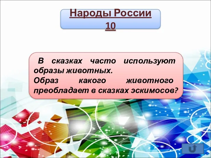 Народы России 10 В сказках часто используют образы животных. Образ какого животного преобладает в сказках эскимосов?