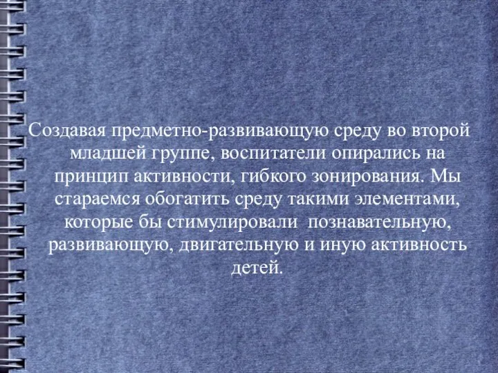 Создавая предметно-развивающую среду во второй младшей группе, воспитатели опирались на принцип