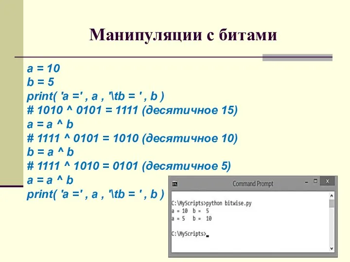 Манипуляции с битами a = 10 b = 5 print( 'a