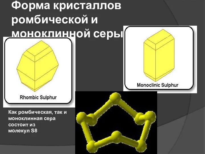 Форма кристаллов ромбической и моноклинной серы Как ромбическая, так и моноклинная сера состоит из молекул S8