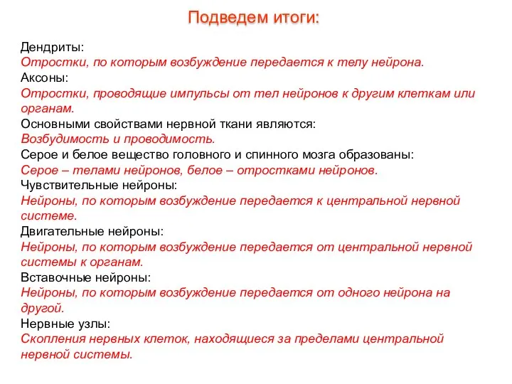 Дендриты: Отростки, по которым возбуждение передается к телу нейрона. Аксоны: Отростки,