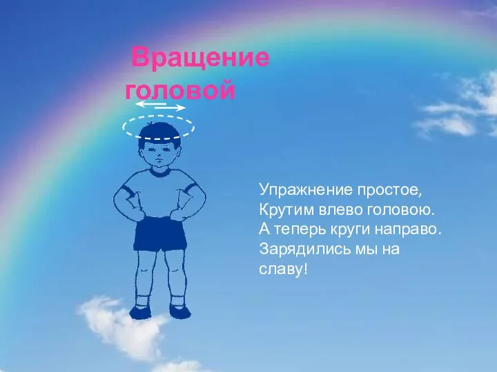 Вращение головой Упражнение простое, Крутим влево головою. А теперь круги направо. Зарядились мы на славу!