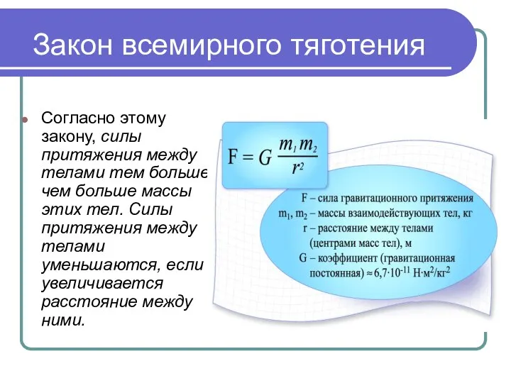 Закон всемирного тяготения Согласно этому закону, силы притяжения между телами тем