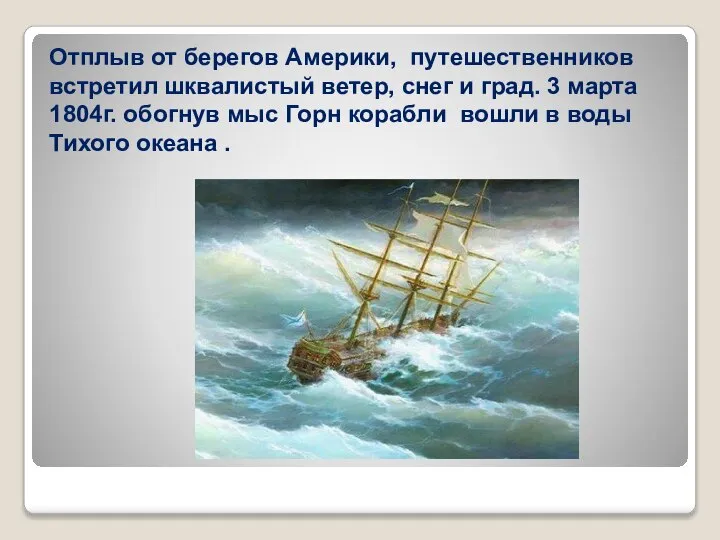 Отплыв от берегов Америки, путешественников встретил шквалистый ветер, снег и град.