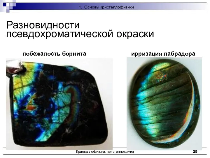 Кристаллофизика, кристаллохимия Разновидности псевдохроматической окраски побежалость борнита ирризация лабрадора