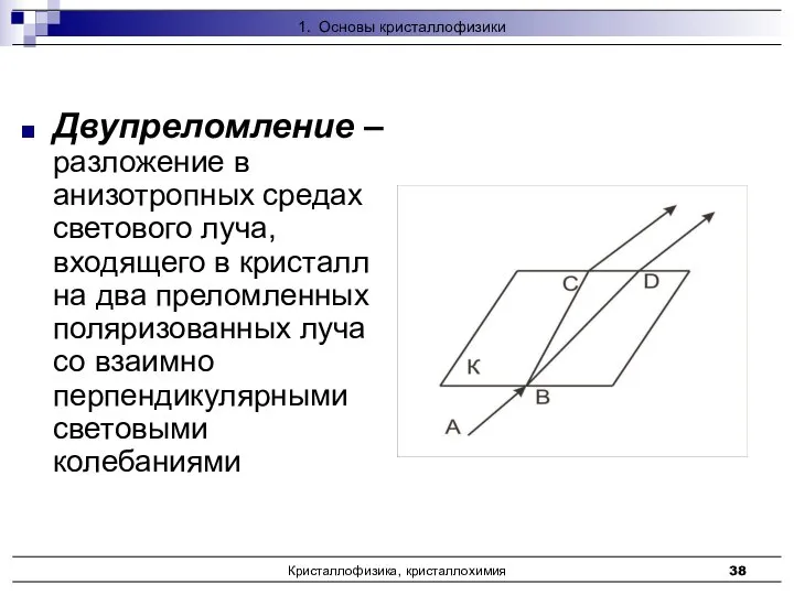 Кристаллофизика, кристаллохимия Двупреломление – разложение в анизотропных средах светового луча, входящего