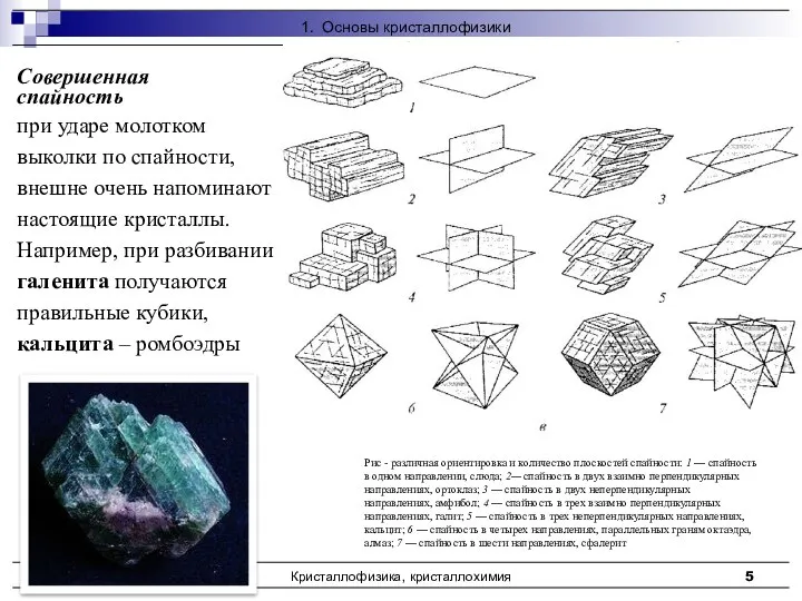 Кристаллофизика, кристаллохимия Совершенная спайность при ударе молотком выколки по спайности, внешне