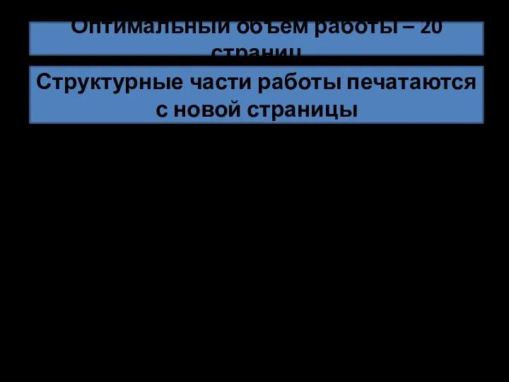 Оптимальный объем работы – 20 страниц Титульный лист Оглавление Введение Главы