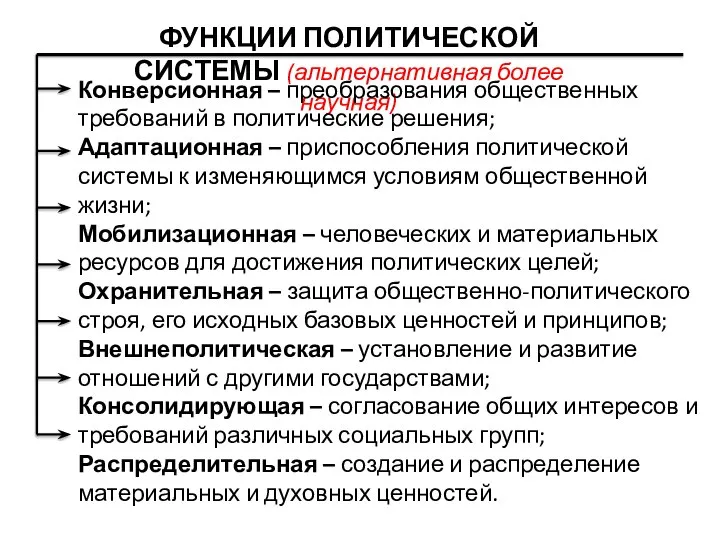 ФУНКЦИИ ПОЛИТИЧЕСКОЙ СИСТЕМЫ (альтернативная более научная) Конверсионная – преобразования общественных требований