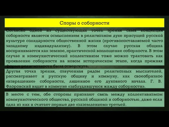 Споры о соборности Согласно одной из существующих точек зрения сама концепция