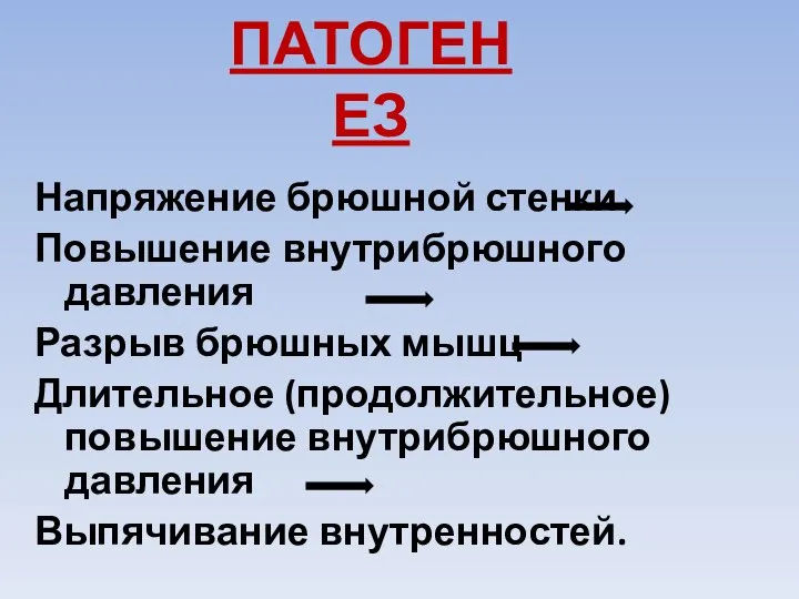 ПАТОГЕНЕЗ Напряжение брюшной стенки Повышение внутрибрюшного давления Разрыв брюшных мышц Длительное