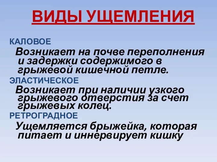 ВИДЫ УЩЕМЛЕНИЯ КАЛОВОЕ Возникает на почве переполнения и задержки содержимого в