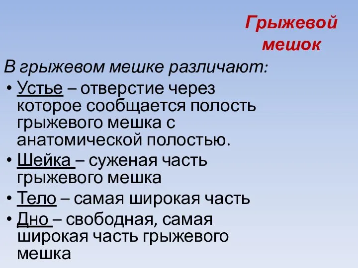 Грыжевой мешок В грыжевом мешке различают: Устье – отверстие через которое