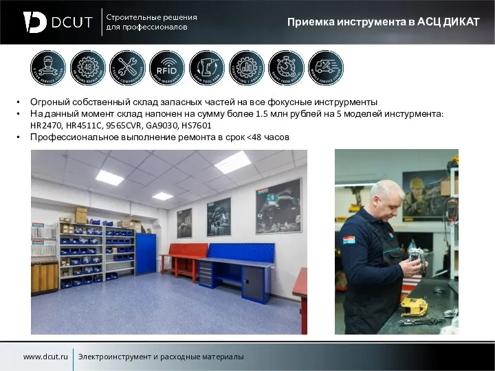 Приемка инструмента в АСЦ ДИКАТ www.dcut.ru Электроинструмент и расходные материалы Огроный