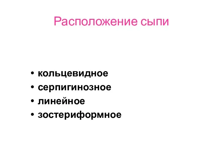 Расположение сыпи кольцевидное серпигинозное линейное зостериформное