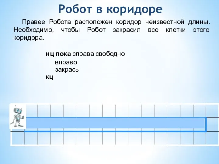 Робот в коридоре Правее Робота расположен коридор неизвестной длины. Необходимо, чтобы