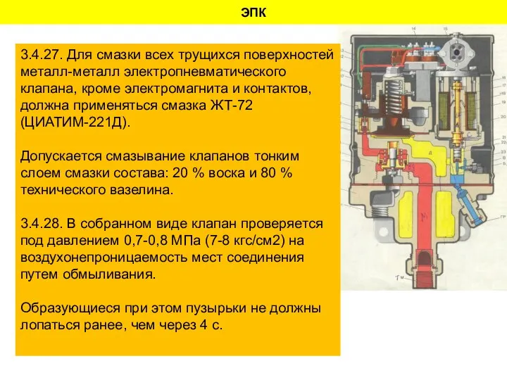 ЭПК 3.4.27. Для смазки всех трущихся поверхностей металл-металл электропневматического клапана, кроме