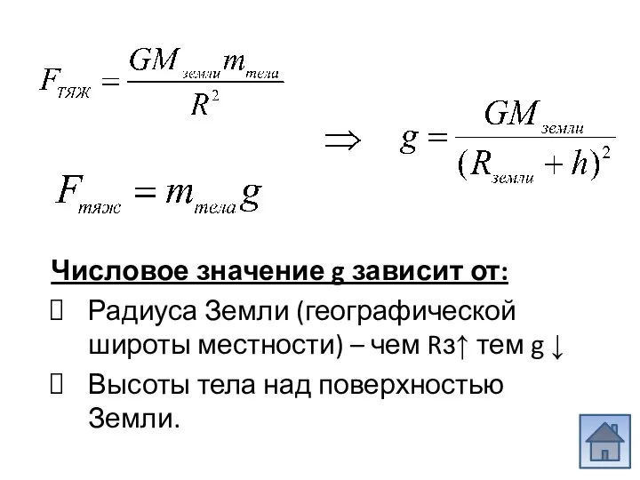 Числовое значение g зависит от: Радиуса Земли (географической широты местности) –