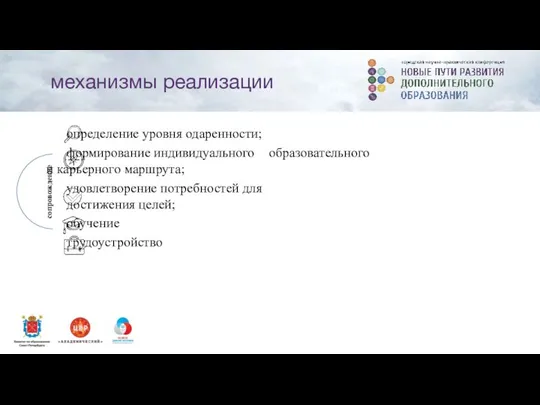 механизмы реализации определение уровня одаренности; формирование индивидуального образовательного и карьерного маршрута;