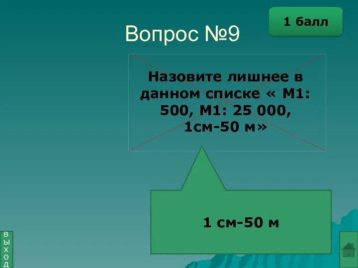 Вопрос №9 1 см-50 м выход 1 балл