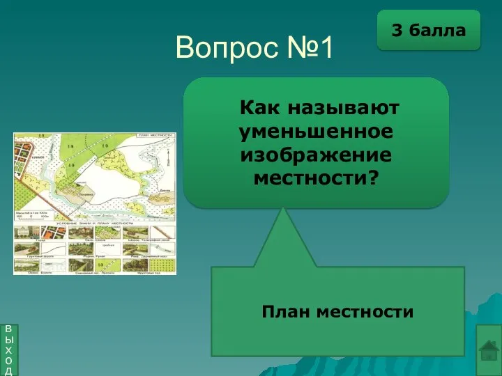 Вопрос №1 Как называют уменьшенное изображение местности? План местности выход 3 балла