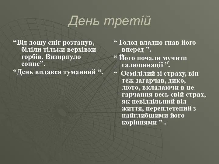 День третій “Від дощу сніг розтанув, біліли тільки верхівки горбів. Визирнуло