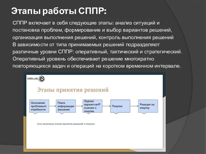 Этапы работы СППР: СППР включает в себя следующие этапы: анализ ситуаций