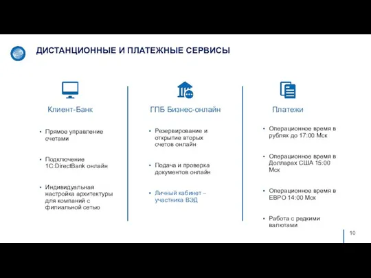 ДИСТАНЦИОННЫЕ И ПЛАТЕЖНЫЕ СЕРВИСЫ Клиент-Банк ГПБ Бизнес-онлайн Платежи Резервирование и открытие