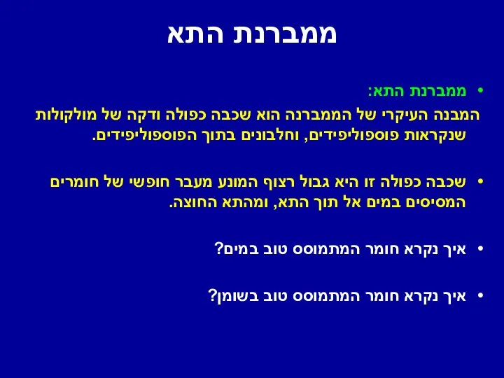 ממברנת התא ממברנת התא: המבנה העיקרי של הממברנה הוא שכבה כפולה