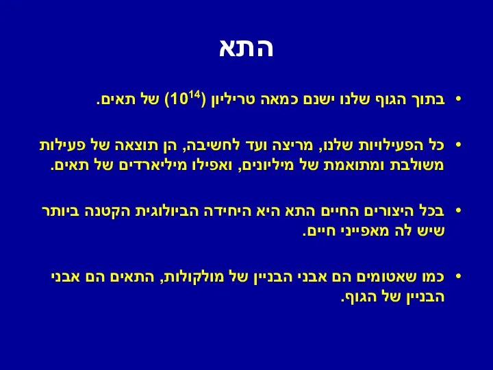 התא בתוך הגוף שלנו ישנם כמאה טריליון (1014) של תאים. כל