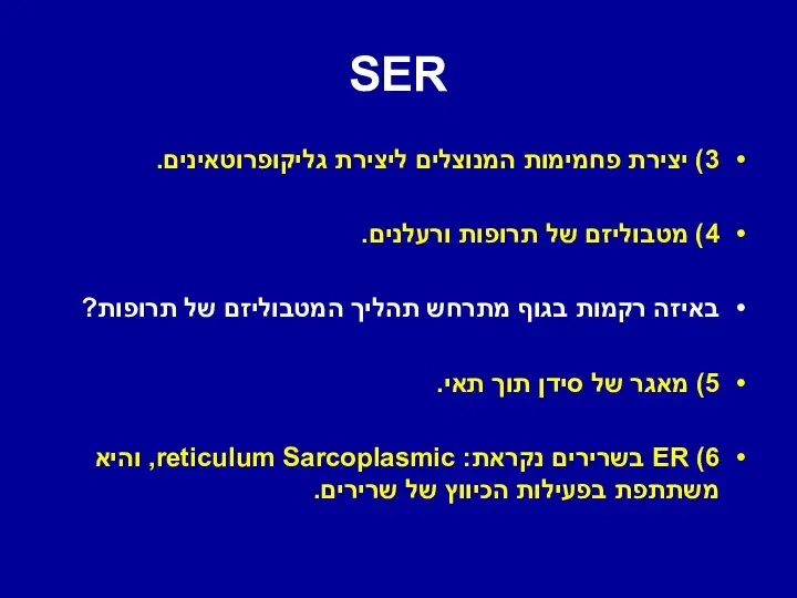 SER 3) יצירת פחמימות המנוצלים ליצירת גליקופרוטאינים. 4) מטבוליזם של תרופות