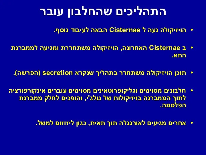 התהליכים שהחלבון עובר הויזיקולה נעה ל Cisternae הבאה לעיבוד נוסף. ב