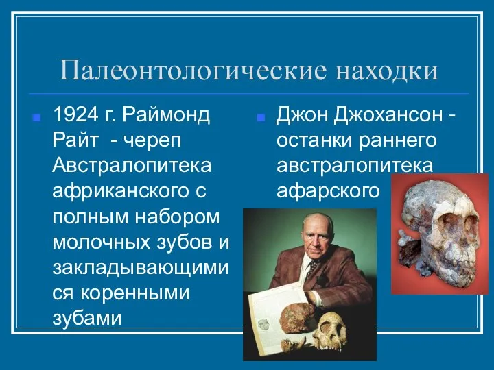 Палеонтологические находки 1924 г. Раймонд Райт - череп Австралопитека африканского с