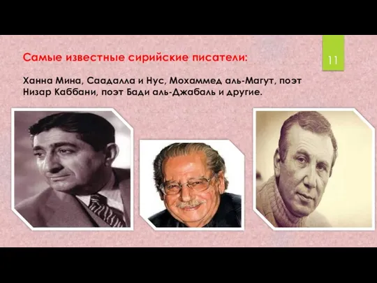 Самые известные сирийские писатели: Ханна Мина, Саадалла и Нус, Мохаммед аль-Магут,