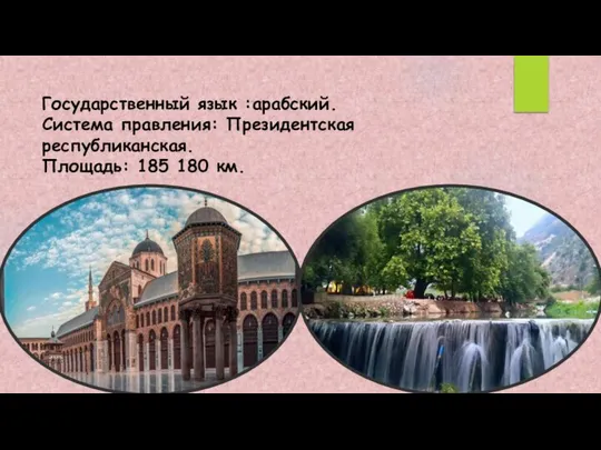 Государственный язык :арабский. Система правления: Президентская республиканская. Площадь: 185 180 км.