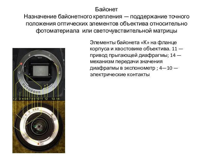 Байонет Назначение байонетного крепления — поддержание точного положения оптических элементов объектива