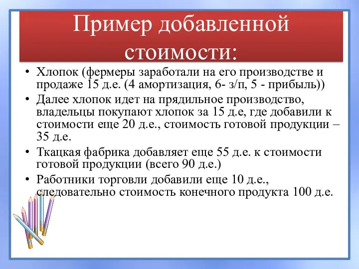 Пример добавленной стоимости: Хлопок (фермеры заработали на его производстве и продаже