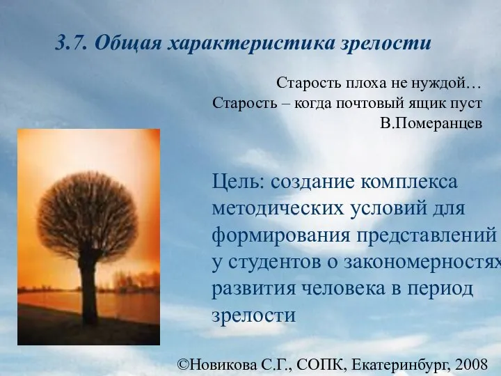 ©Новикова С.Г., СОПК, Екатеринбург, 2008 3.7. Общая характеристика зрелости Цель: создание