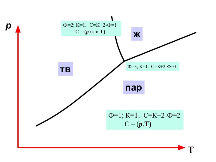 p T тв ж пар Ф=1; К=1. С=К+2-Ф=2 С – (р,Т)