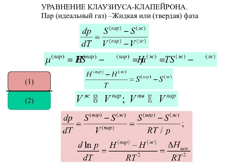 УРАВНЕНИЕ КЛАУЗИУСА-КЛАПЕЙРОНА. Пар (идеальный газ) –Жидкая или (твердая) фаза (2) (1)