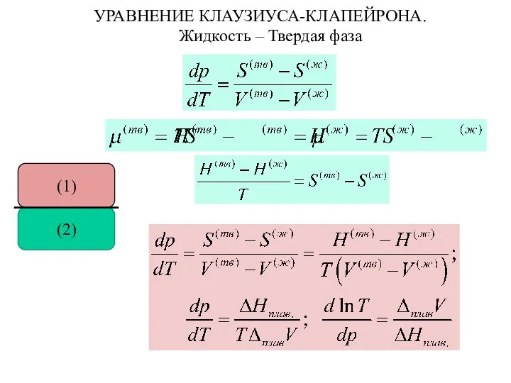 УРАВНЕНИЕ КЛАУЗИУСА-КЛАПЕЙРОНА. Жидкость – Твердая фаза (2) (1)