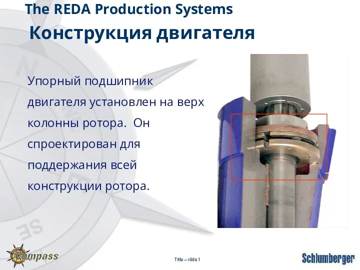 Упорный подшипник двигателя установлен на верх колонны ротора. Он спроектирован для