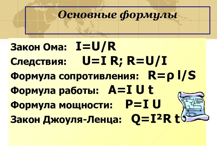 Основные формулы Закон Ома: I=U/R Следствия: U=I R; R=U/I Формула сопротивления:
