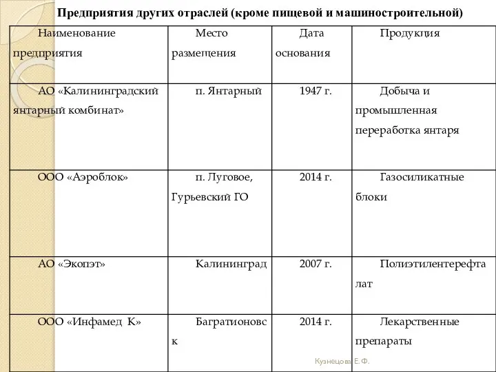 Кузнецова Е. Ф. Предприятия других отраслей (кроме пищевой и машиностроительной)