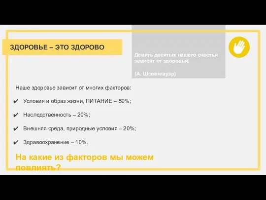 ЗДОРОВЬЕ – ЭТО ЗДОРОВО На какие из факторов мы можем повлиять?