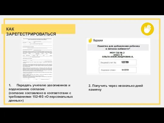 КАК ЗАРЕГЕСТРИРОВАТЬСЯ 2. Получить через несколько дней памятку 1. Передать учителю