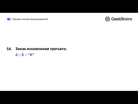 Законы логики высказываний Закон исключения третьего: A ⋃ Ā = “И”